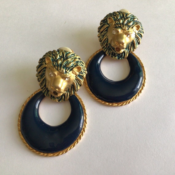 Vintage Lion Head Face Door Knocker Earrings Gold… - image 1