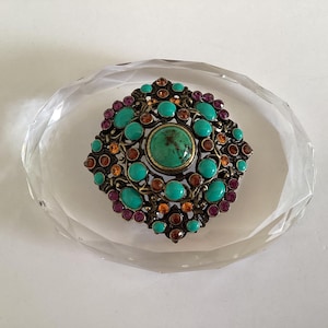 Joan Rivers Vintage Brooch.Oxidized Brass Tone Faux Turquoise.Rhinestone Multi Color Crystals.