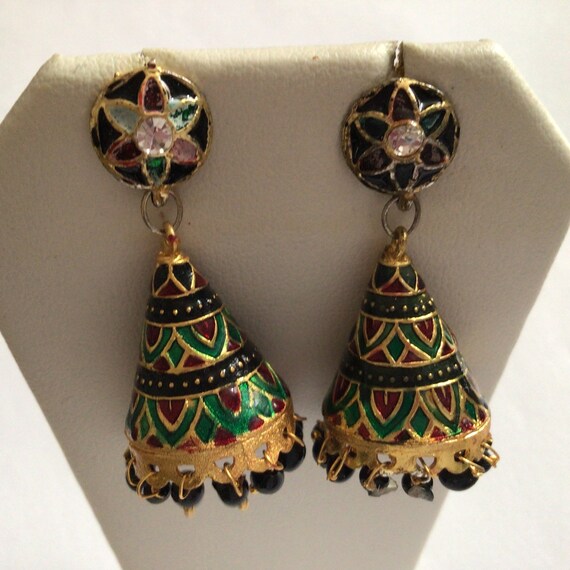 jaipri Gold Polish Hand Painted Traditional Jhumka Jhumki Earrings with Turquoise Stone Studs for Women and Girls 