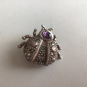 Vintage Judith Jack Sterling Silver Marcasite ,Amethyst Ladybug Brooch