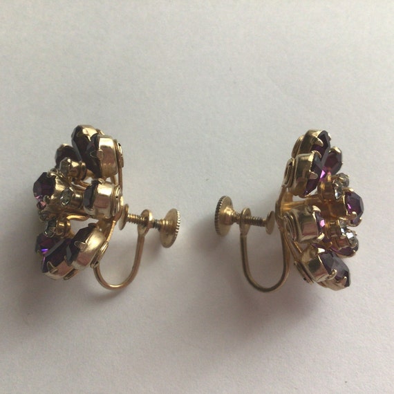 Coro Vintage Earrings.Gold tone Purple and Clear … - image 2
