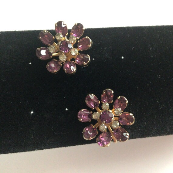 Coro Vintage Earrings.Gold tone Purple and Clear … - image 5