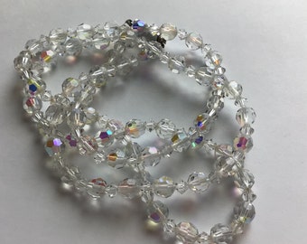 Antique Czech Crystal Beads Necklace.Clear Crystal ans Aurora Borealis.Made in 1960’s.Excellent Vintage Condition.