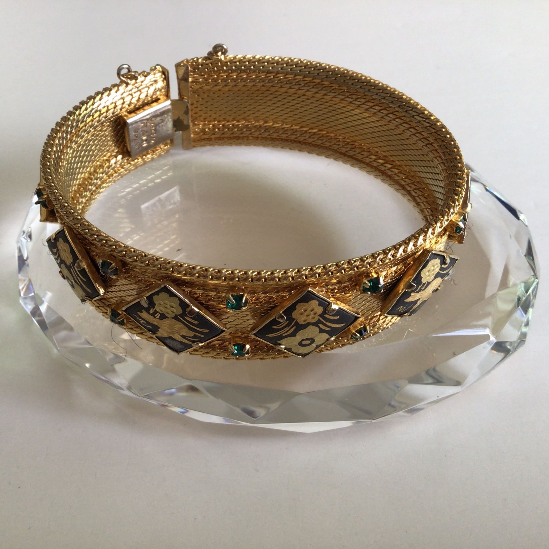 Designer RADI Spain Gold Tone Damascene Green Rhinestone