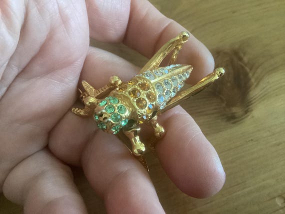 Broche Ancienne Insecte En Plaqué Or Avec Strass Vert Et Diamant - Matière Porcelaine, Couleur Argenté, Occasion