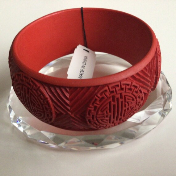 Handmade Chinese Carved Lacquer LONG LIFE Bangle … - image 2