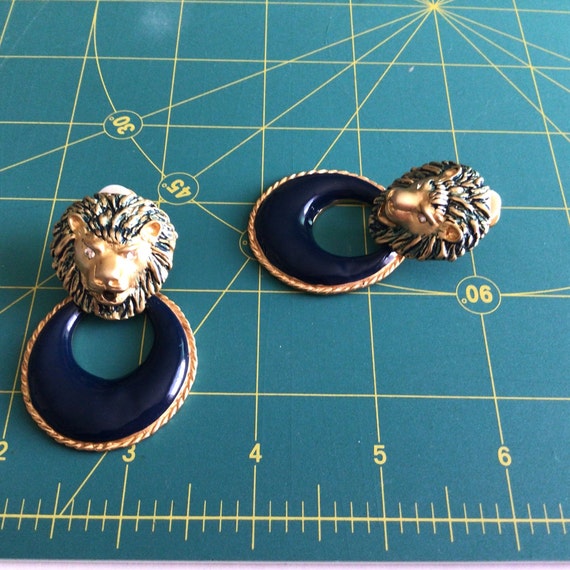 Vintage Lion Head Face Door Knocker Earrings Gold… - image 5