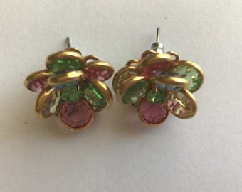 1960s Multi Color Floral Stud Statement Earrings.Swarovski Crystal.Besel Set..Excellent Vintage Condition.