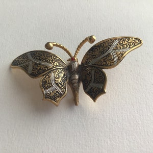 Damascene Toledo Vintage Butterflies Brooch.14k Gold. Hand work.Made in Toledo in 1960’s.