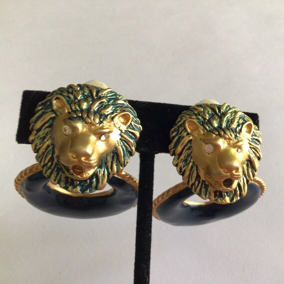 Vintage Lion Head Face Door Knocker Earrings Gold… - image 6