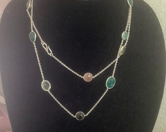 Vintage 925 Sterling Silver Multi Gemstone Long Necklace