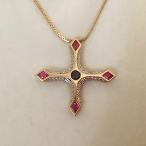 Vintage Cross Pendant Necklace 925 Silver Gold Plated Gemstone Amethyst and Ruby