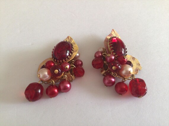Ruby Red Glass Bead Clip On Earrings: Floral Gold… - image 3