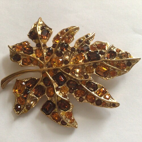 K.J.L. Vintage Brooch.Gold plated leaf.Rhinestone shops Orange,Yellow Crystal.