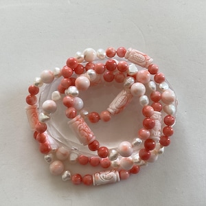 Vintage Natural Angel Skin Coral Carved Bead Necklace With Pearl.Art Deco Asian Vintage