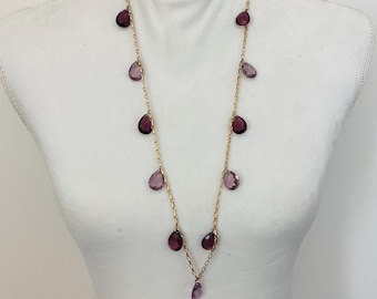 Vintage  Gold Tone Amethyst Glass Briolette Chain Necklace