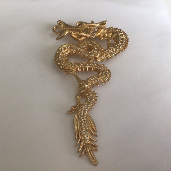 Vintage Brooch/Pendant .Large Gold tone Dragon.Rh… - image 1