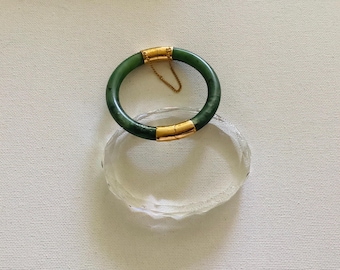 Vintage  Chinese Spinach Green Nephrite Jade Gilded Bangle Bracelet