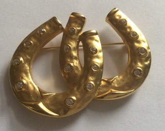 Vintage Brosche.Vergoldete Strass Swarovski Crystal.Unmarked.Two Hufeisen als Glücksbringer.