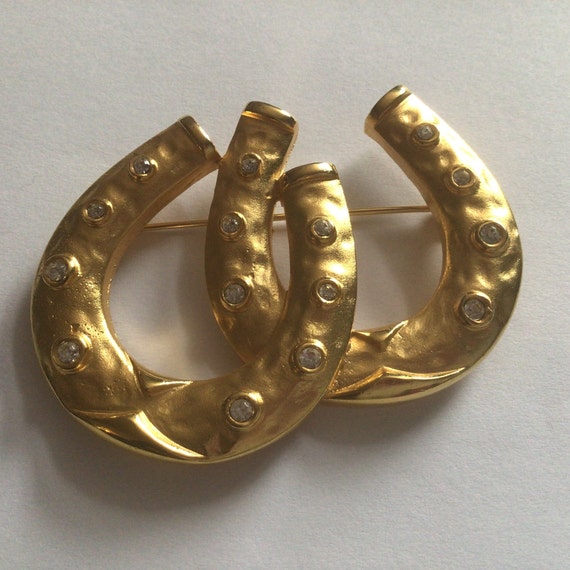 Vintage Brooch.Gold plated Rhinestone Swarovski Crystal.Unmarked.Two horseshoe for good luck.