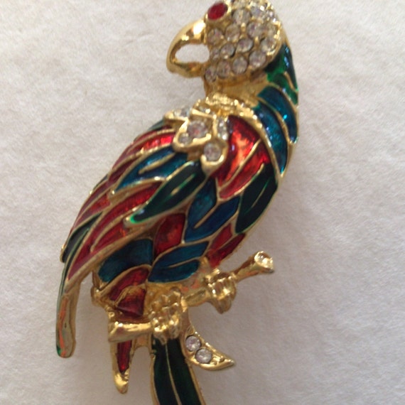 Parrot unmarked vintage brooch.Gold plated Rhines… - image 4