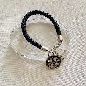 Bracelet monogramme en cuir noir Tory Burch