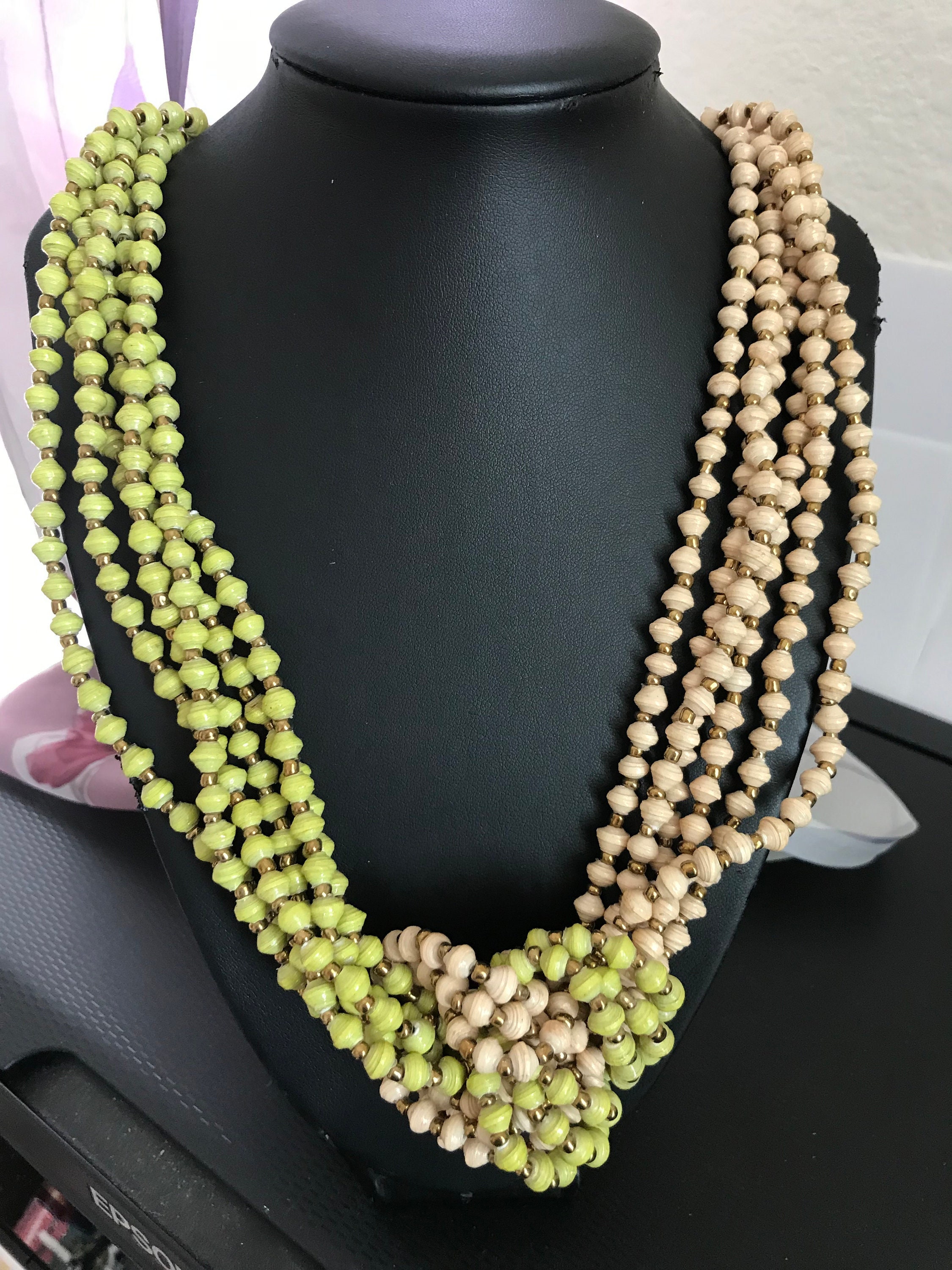 Vintage Teng Yue Green and Beige Paper Bead Statement Necklace