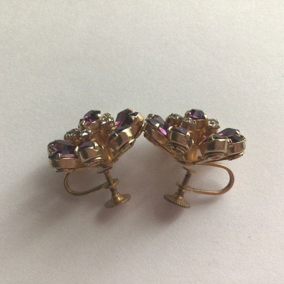 Coro Vintage Earrings.Gold tone Purple and Clear … - image 3