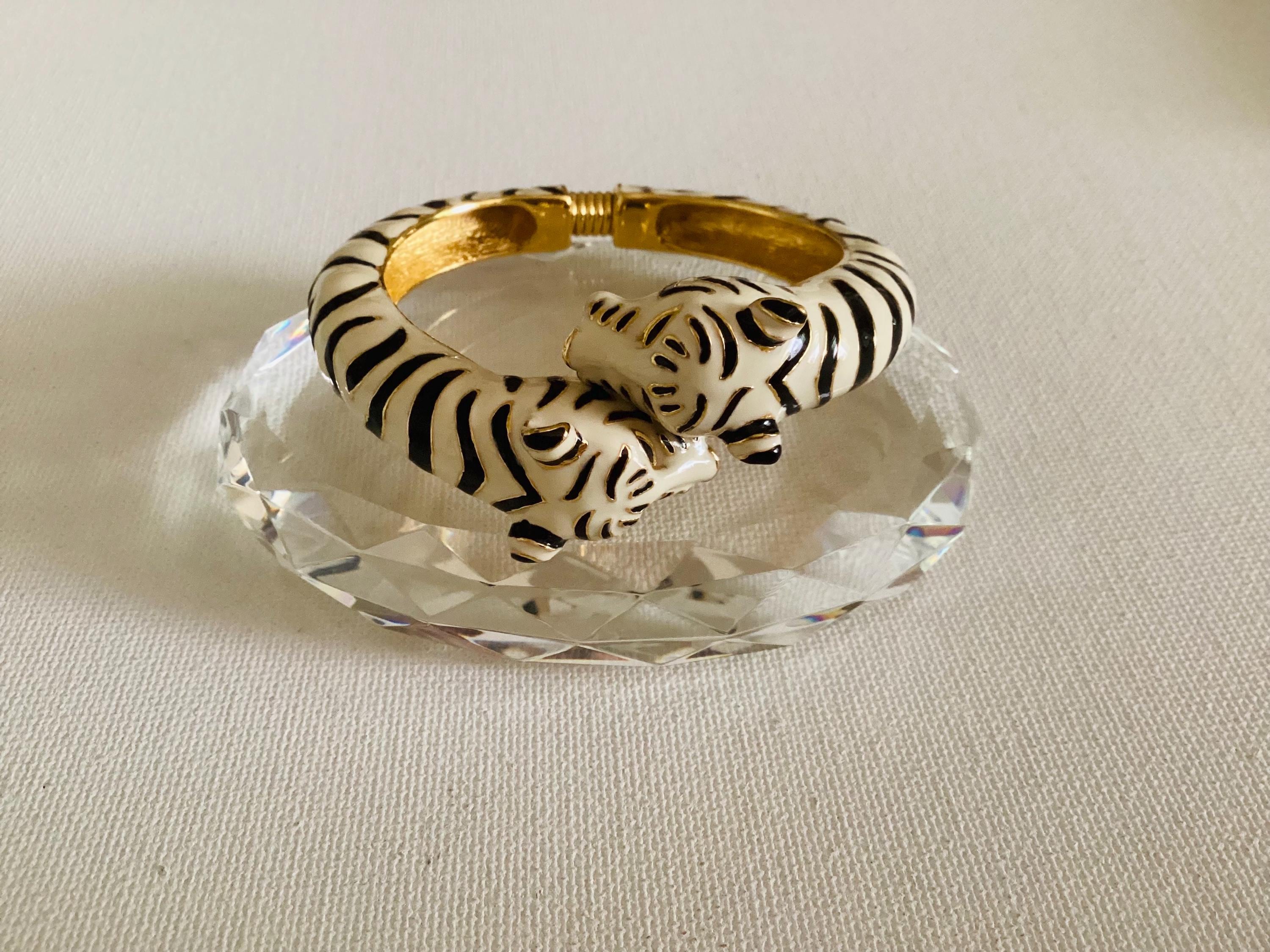 Vintage KJL Enamel Double Tiger Head Bypass Cuff Bracelet - Etsy