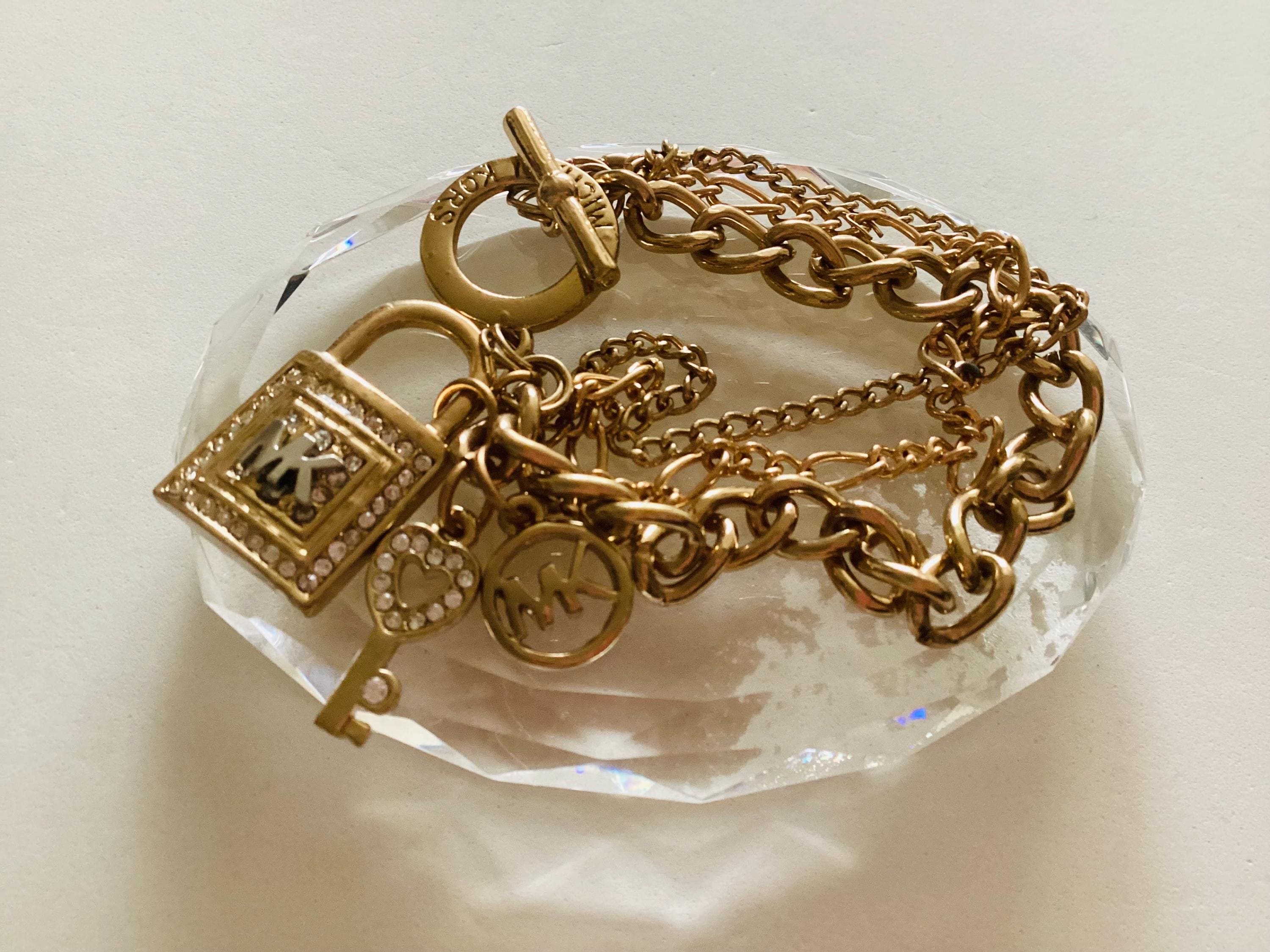 Michael Kors Chunky Charm Key and Lock Gold Tone Rhinestone Chain 