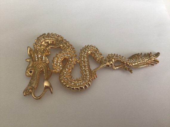 Vintage Brooch/Pendant .Large Gold tone Dragon.Rh… - image 2