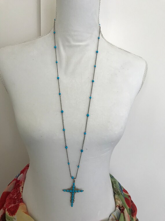 Vintage 925 silver Turquoise Cross Necklace.Leigh… - image 3