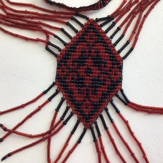 Indian Beaded Necklace ,black and red,fringed,fro… - image 2