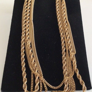 Vintage Monet Extra Long Chain Necklace, Gold Tone Diamond Shaped Beads Three Strand Chain Necklace, Signed.