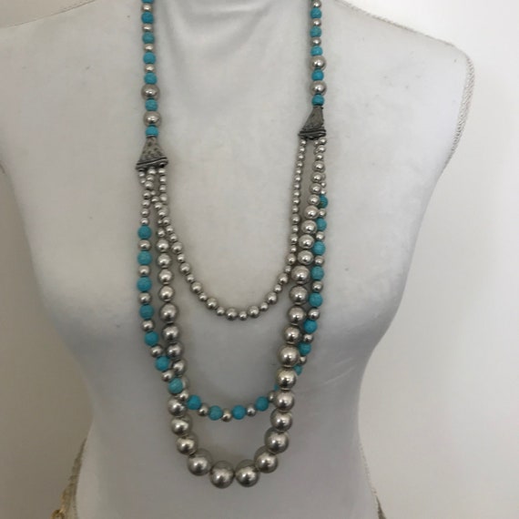 Moroccan Silver Plated and Turquoise Beads Neckla… - image 1