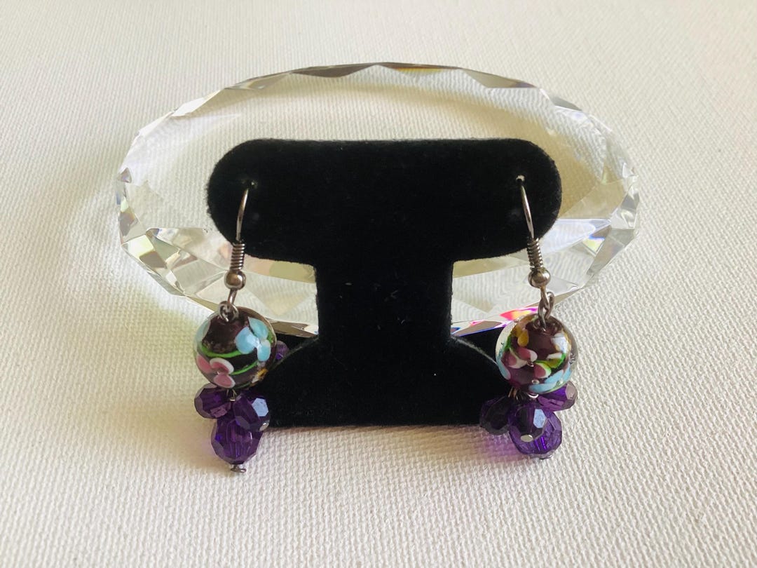 Incased Vintage Incased Pansy Flowers Amethyst Glass Beads Murano Pierced ...