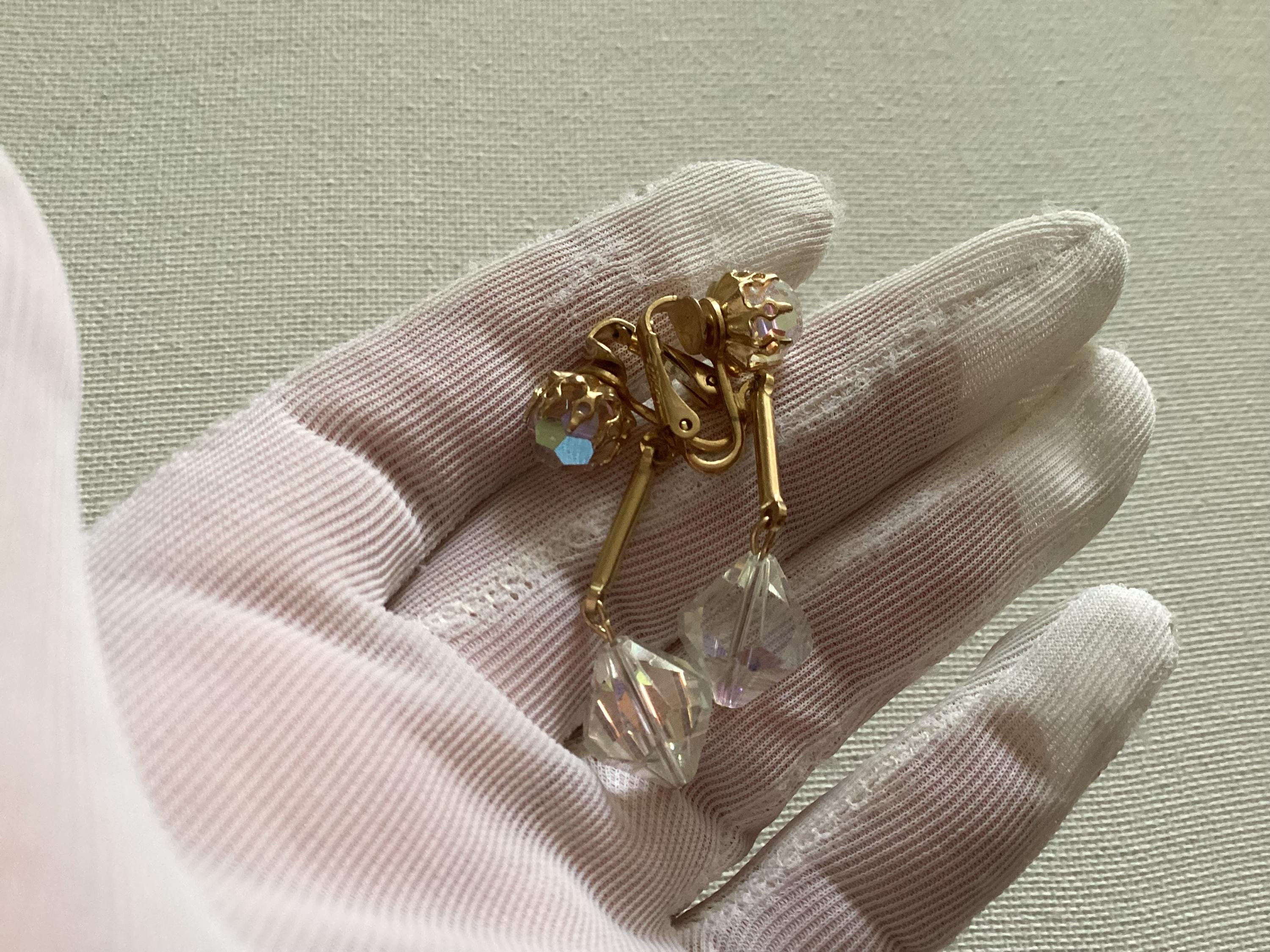 Orecchini Clip On Fiore Lucite AB Aurora Boreale | Vintage Cristallo Oro