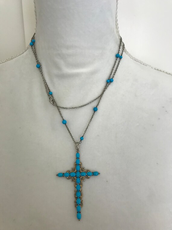 Vintage 925 silver Turquoise Cross Necklace.Leigh… - image 2