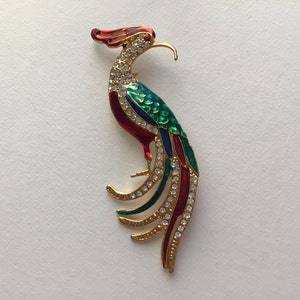 Large 4&quot; Colorful Enamel & Rhinestone Bird of Paradise Figural Gold Plated Brooch / Pin