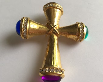 Vintage Gold Tone Cross Brooch: Jewel Tone Cabochons, Crystal Accents
