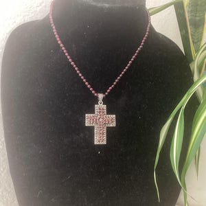 Vintage Sterling Silver Genuine Red Garnet Cross Pendant Necklace