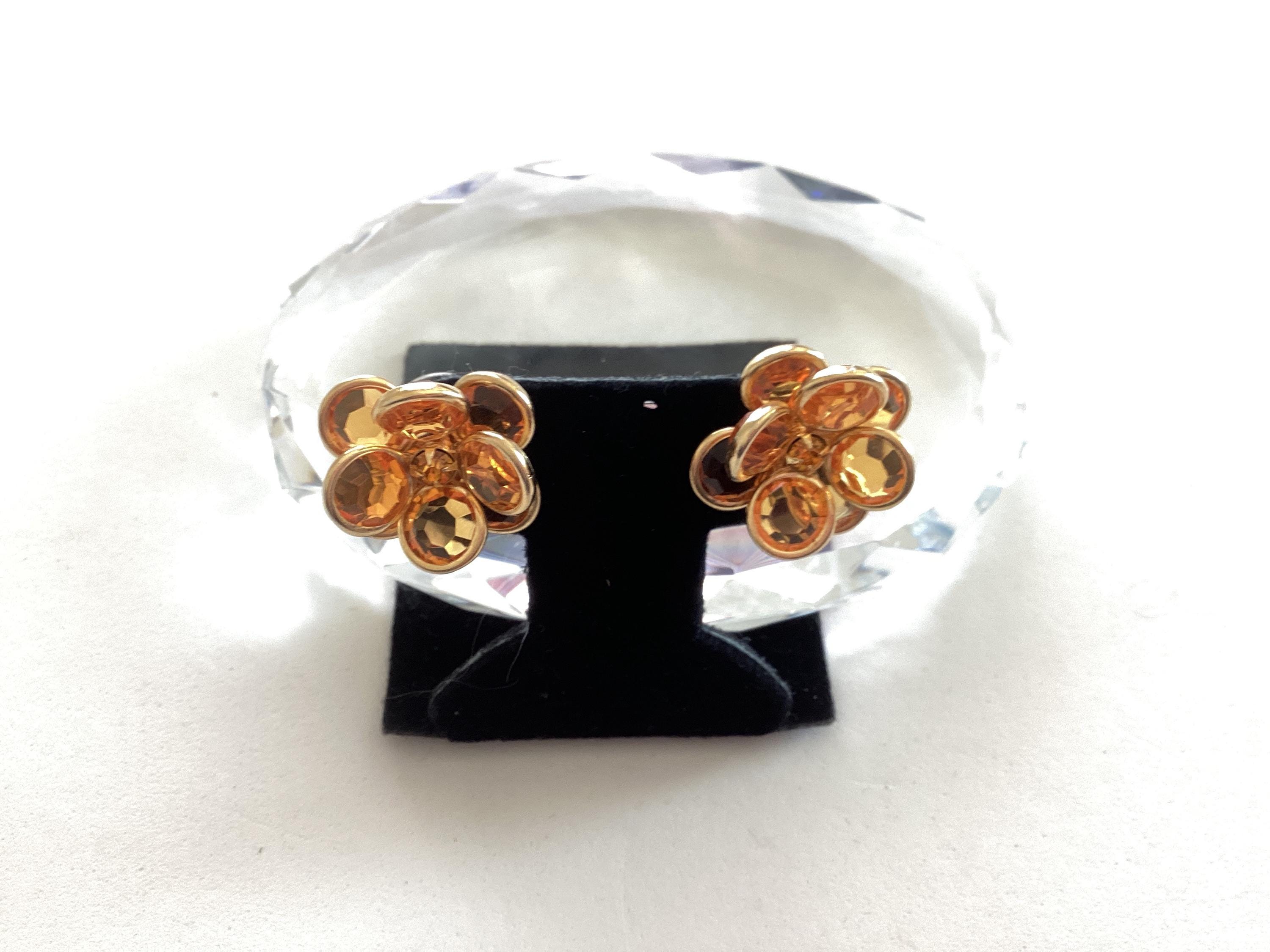 Vintage Austrian Crystal Stud Pierced Earrings Orange Flower