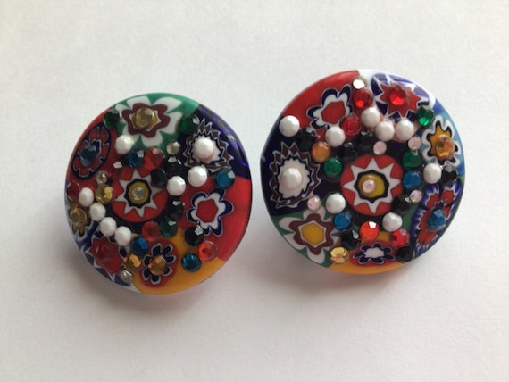 Vintage Murano Millefiori Glass Earrings: Handmade Mosaic Cabochons