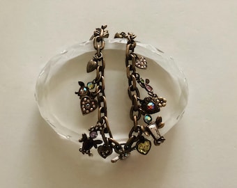 Vintage Kirks Folly Charm Bracelet Bronse Tone Rhinestone Aurora Borealis Angel Heaart Charm