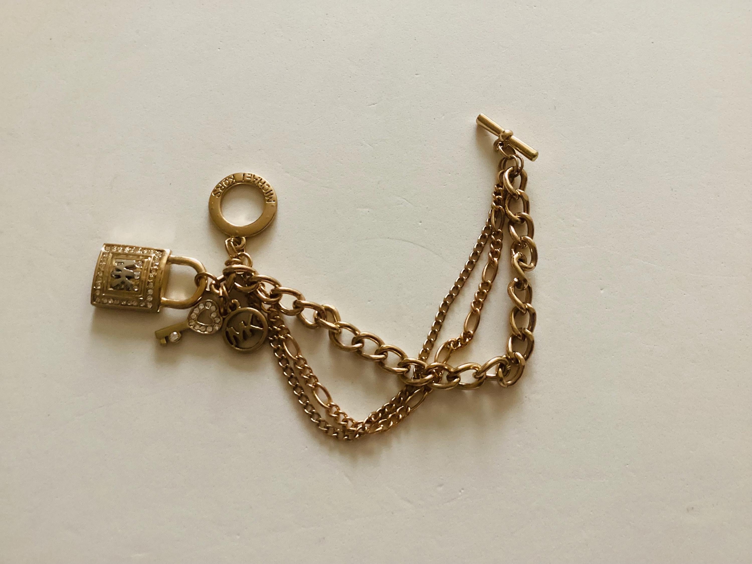 Michael Kors Chunky Charm Key and Lock Gold Tone Rhinestone Chain 