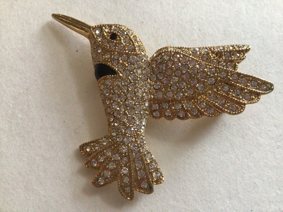Vintage Brooch.signed Roman.gold Plated Hummingbird.swarovski