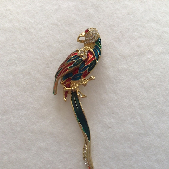 Parrot unmarked vintage brooch.Gold plated Rhines… - image 1