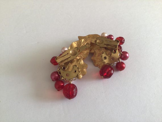 Ruby Red Glass Bead Clip On Earrings: Floral Gold… - image 4