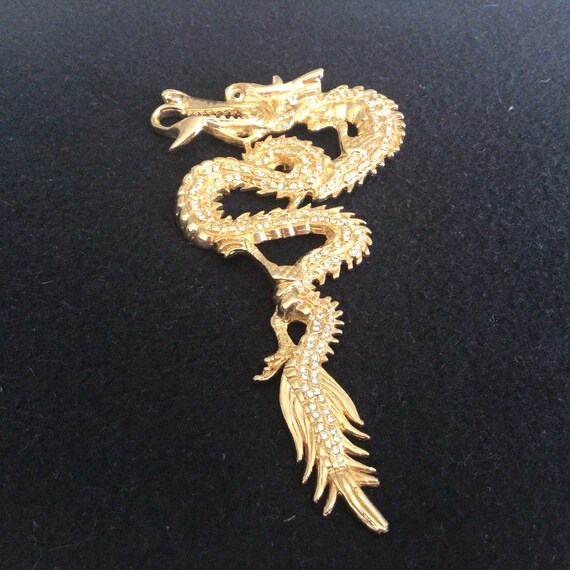 Vintage Brooch/Pendant .Large Gold tone Dragon.Rh… - image 6