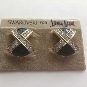 Swarovski for Neiman Marcus  Vintage Clip on Earrings.Logo Swan.Gold plated.Black Enamel.Made in 1980’s.New.Old Stock.